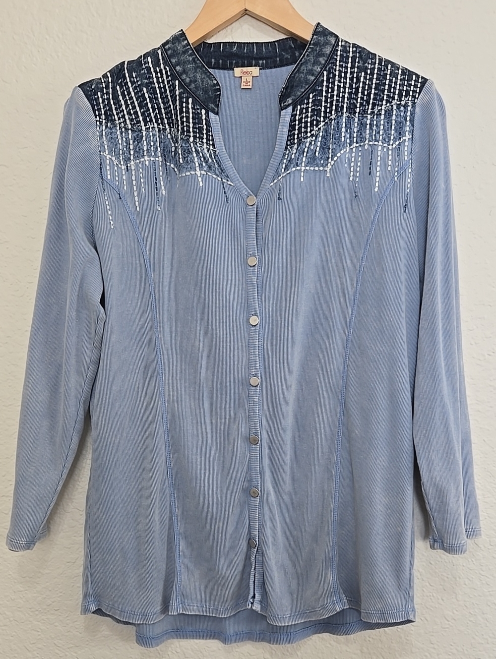 Reba Light Blue Button-Down Ribbed Shirt with Navy Embroidered Yoke
